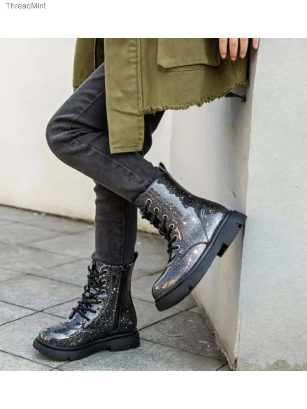 Waterproof Faux Leather Combat Boots with Side Zipper for Toddler Little Kid